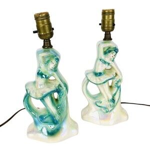 Vintage 40s Ceramic Art Deco Iridescent Pair of Ballerina Dancer Table Lamps